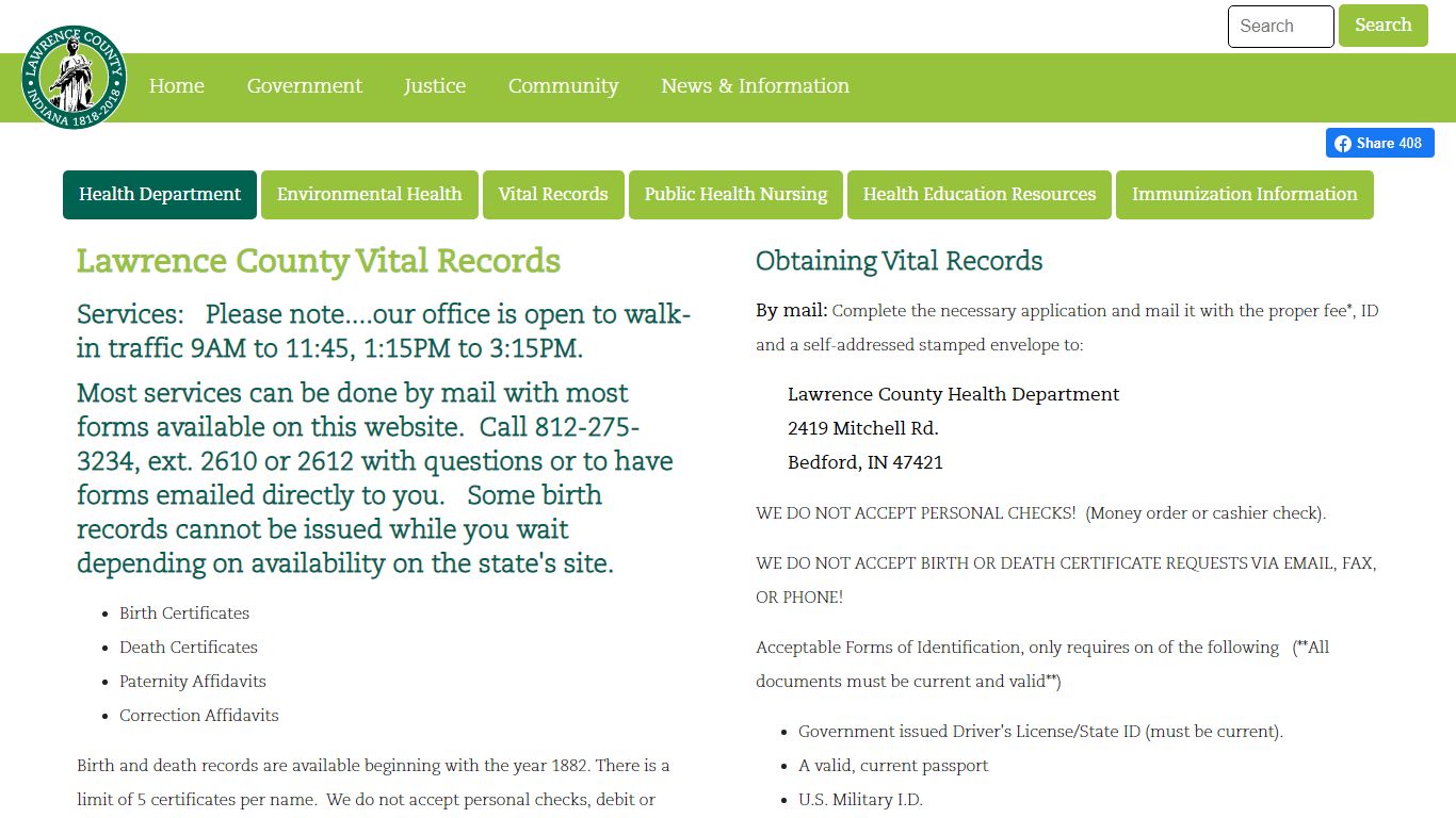Health Department - Vital Records - Lawrence County Indiana